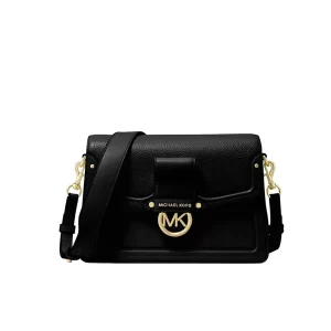 Michael Kors Jessie 斜背包 中號 荔枝紋皮革翻蓋 黑色/棕色