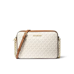 【棕色/白色】Michael kors MK Jet Set 經典滿印字母LOGO鏈條相機包 斜挎包