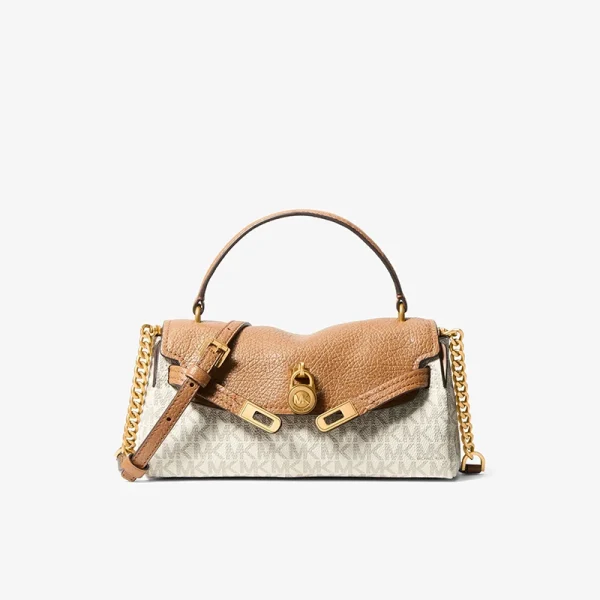 MICHAEL KORS Hamilton 小號經典Logo印花手提斜背包 MICHAEL KORS Hamilton 小號經典Logo印花手提斜背包 香草白拼棕色