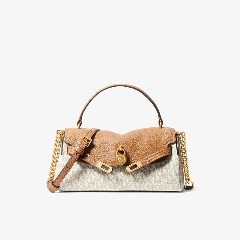 MICHAEL KORS Hamilton 小號經典Logo印花手提斜背包 香草白拼棕色